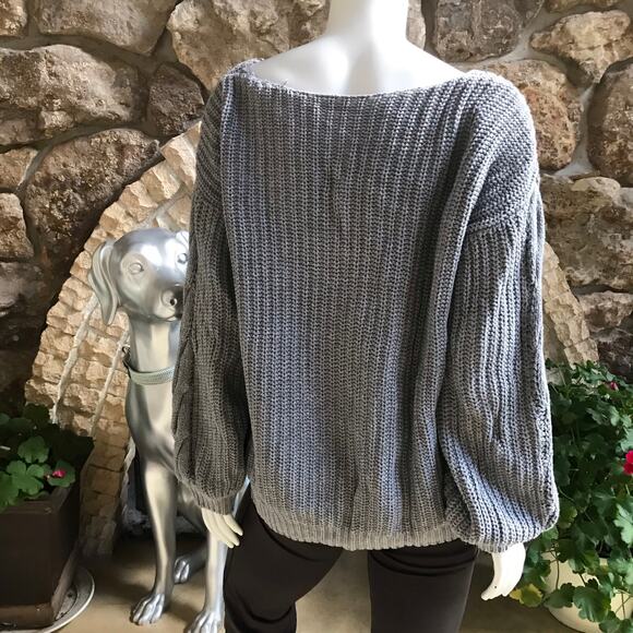Pixley Gray Ribbed V-Neck Balloon Sleeve Sweater Women's Size Large - Picture 3 of 5